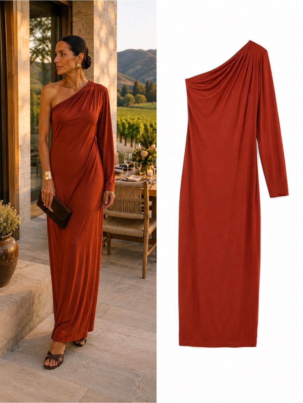 JLUXLABEL Rust Terracotta One Shoulder Draped Long Sleeve Maxi Dress Size Large